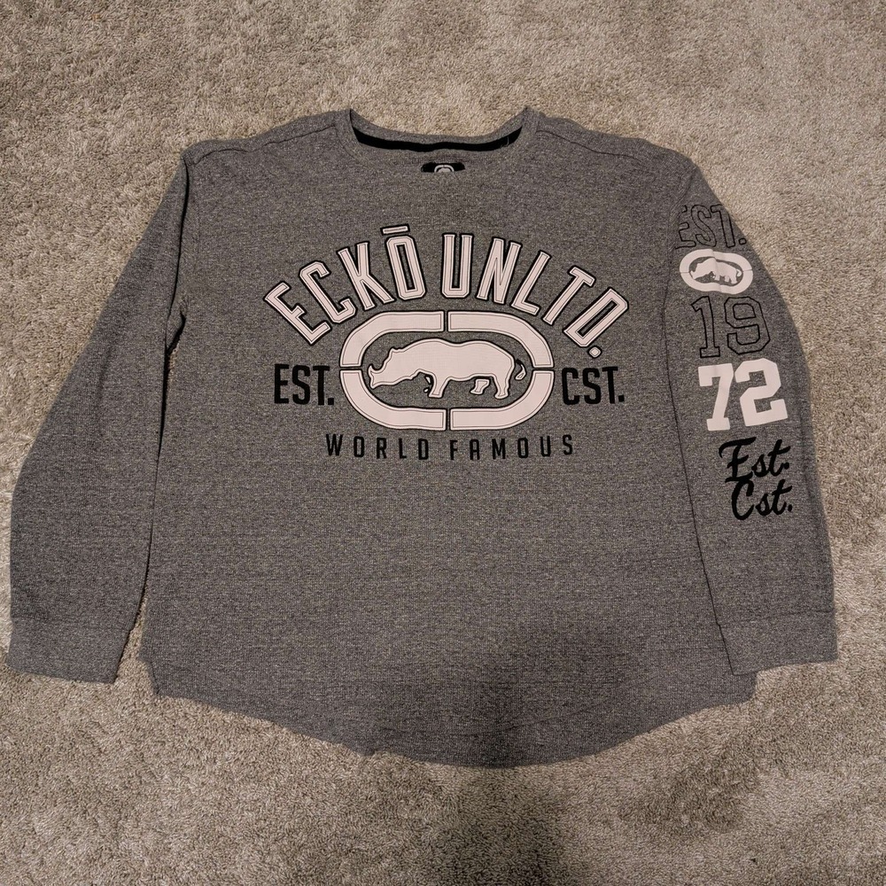 Ecko Unltd Thermal Shirt Mens 2XL Grey Long Sleeve Rhino Graphic Curved Hem